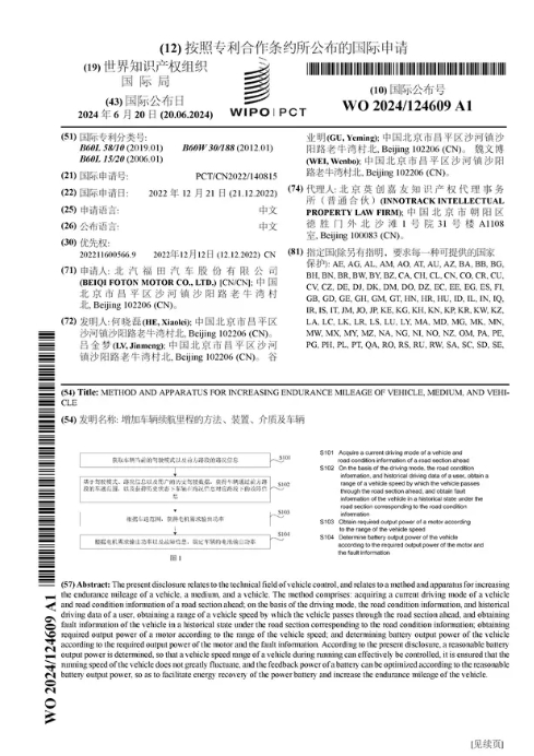 福田汽车公布国际专利申请：“增加车辆续航里程的方法、装置、介质及车辆”